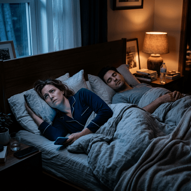 Frustrated partner awake in bed